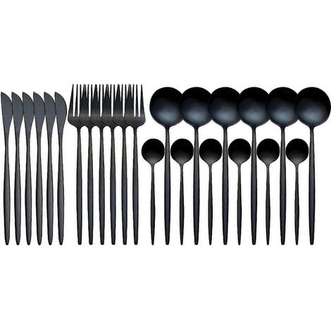 Ensemble de couverts 24 pièces en acier inoxydable, finition miroir élégante, idéal pour les occasions telles que les mariages et Thanksgiving, noir. (1/3)