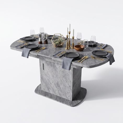 FurnitureR Extendable Oval Dining Table Cement Grey MDF 110-130cm with Central Cabinet & Silver Handles for 4-6 People (1/5)