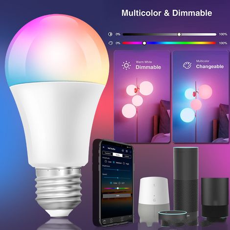 Ampoules LED intelligentes WiFi à commande vocale, lumière chaude à changement de couleur (2700K-6500K), intensité variable, culot E27, 9W, 100-130V (1/5)