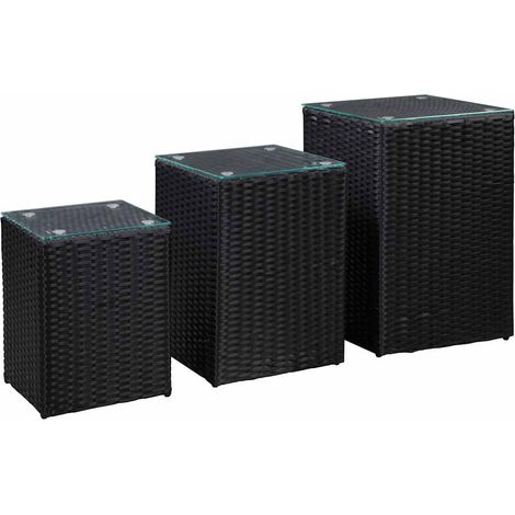 Side Tables 3 pcs with Glass Top Black Poly Rattan vidaXL