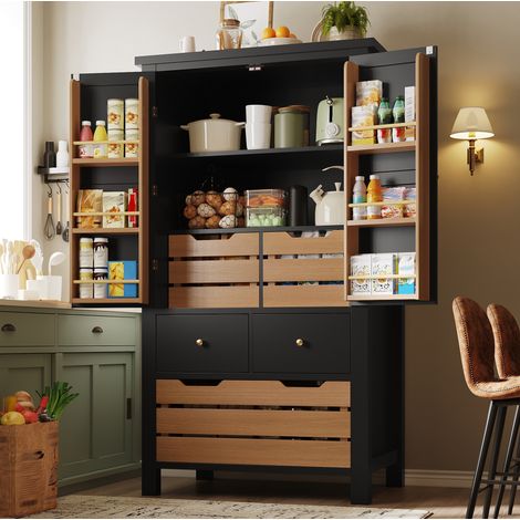 Credenza da cucina 80 x 40 x 140 cm con 2 ante e 5 cassetti nera HAVRYA (1/5)