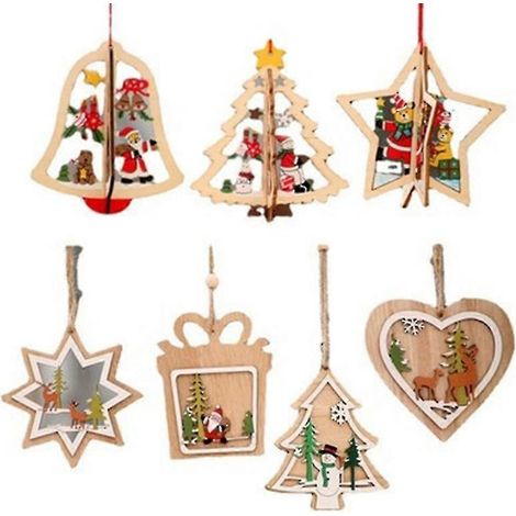 Ensemble de 7 décorations de sapin de Noël, décorations de fêtes en bois ajouré découpées au laser (1/5)