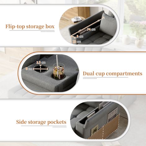 Canapé convertible 2 places avec rangement et dossier réglable, canapé à accoudoirs avec espaces de stockage et coussins, sofa escamotable polyvalent pour salon, chambre ou appartement, gris (1/5)