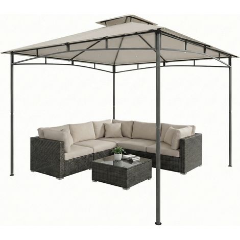 Pavillon de jardin 3x3m double toit rétractable hydrofuge résistant hiver blanc crème