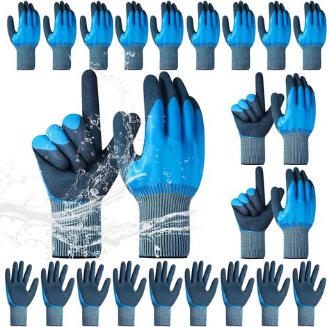 Lot de 12 Paires de Gants de Travail Imperméables,Gants à Double Revêtement en Latex pour Homme et Femme, Bricolage,Nettoyage Extérieur, Bleu,Taille L (1/5)