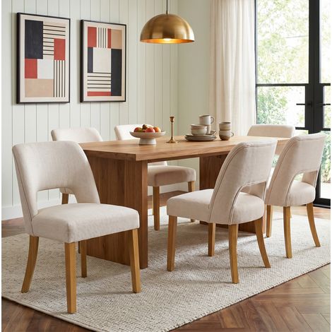 Silla de comedor de lino beige con patas de madera maciza, moderna y comoda (1/5)