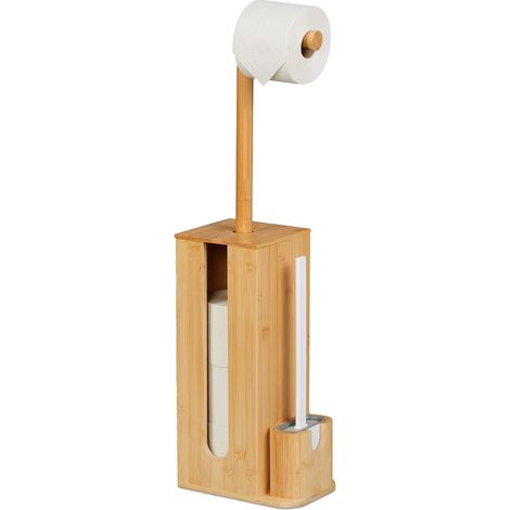 1 - Serviteur WC - Porte-Brosse - Support Décoratif En Bambou Naturel Avec Récipient Amovible Pour Salle De Bain Ou Toilettes Invités Blanc Et Nature 72,5x26x15 Cm (1/5)