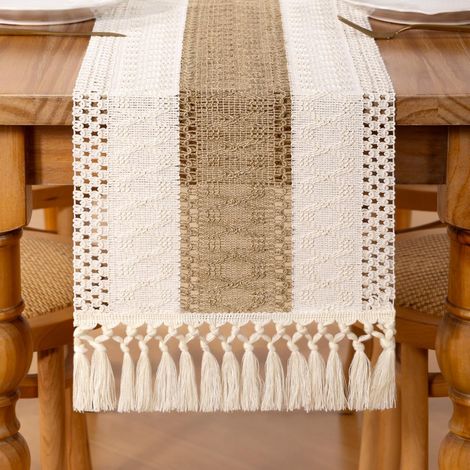Chemin table DeZerlor Boho en macramé, style ferme, tissé, petit modèle avec pompons, 91 cm (36 ounces), ivoire et toile de jute marron, coton et lin, décoration table de cuisine, commode, table basse (1/5)