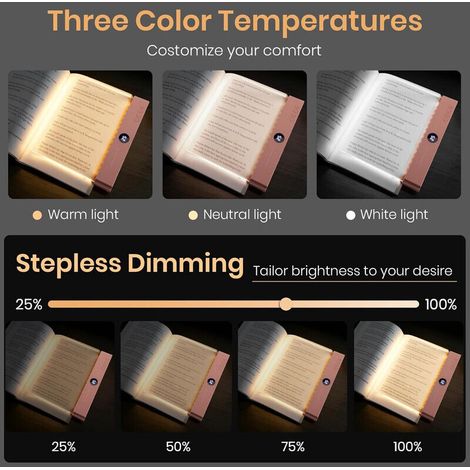 Lampe de lecture LED plate et transparente – Rechargeable avec 3 températures de couleur, minuterie et luminosité réglable, protection des yeux, éclairage pleine page