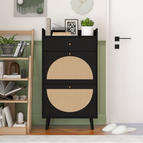 Meuble à chaussures 60 cm noir en panneau de particules et rotin synthétique avec double rangement (1/5)
