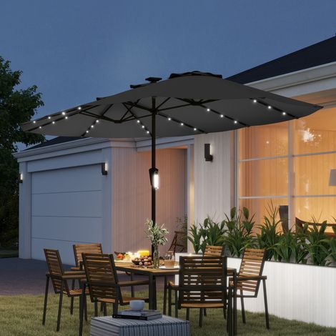 Parapluie double 4x2m 36 lumières LED UPF50+ manivelle 12 tiges résistantes eau, gris foncé