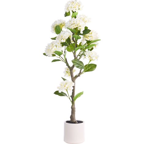 Planta artificial en maceta con flores decoración moderna de plástico para interiores hecha a mano 120 cm blanco Hortensium (1/5)
