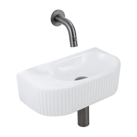 QeramiQ Fuente Ensemble de Lavabo - 40x21.5x12cm - strié - demi-rond - céramique - ensemble de robinet gunmetal - bouchon de vidange - siphon abaissé (1/5)