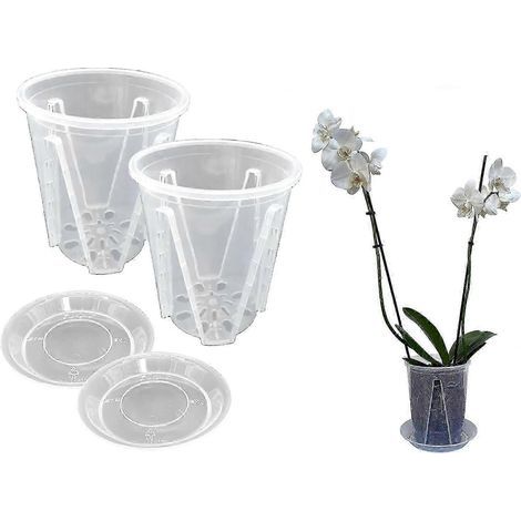 Set of 2 Pots Diameter 14 cm in Transparent Plastic for Orchids, Rigid Vases with Drainage Holes and Saucer, Accessory for Growing Plants and Flowers (1/4)
