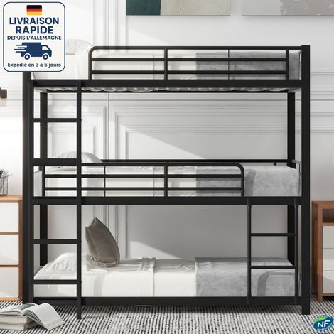 MODFU - Lit superposé enfant 3 personnes 90×200cm, lit ado, sans matelas, métal, antichute, noir (1/5)