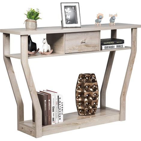 COSTWAY Tavolo Consolle in Legno, Tavolo da Soggiorno con Cassetto e Ripiani, Tavolo Multiuso e Moderno, Ideale per Salotto, Ingresso e Corridoio, 120 x 30 x 81 cm (Naturale)
