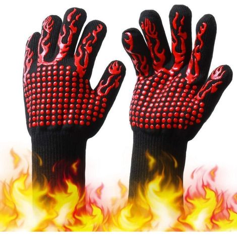 Gants de grillades résistants à la chaleur, 1 mitaines de four, gants universels en silicone antidérapants pour griller, griller, four, cuisine et cheminée（Torche rouge courte [coton + silicone]） (1/5)