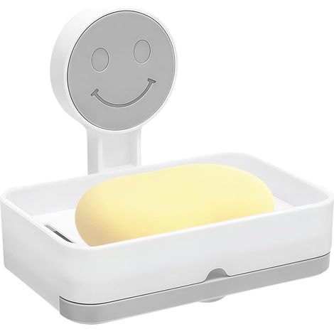 1 Porte Savon Ventouse Égouttoir Double Couche ABS TPE Blanc Gris Salle De Bain Cuisine
