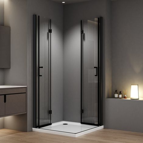 WDWRITTI Duschkabinen 75x80cm Schwarz Falttür, Duschkabine 80x75 cm Eckeinstieg Drehfalttür Dusche Duschabtrennung mit 6mm NANO ESG Sicherheitsglas, Duschwand Höhe 195cm (1/5)