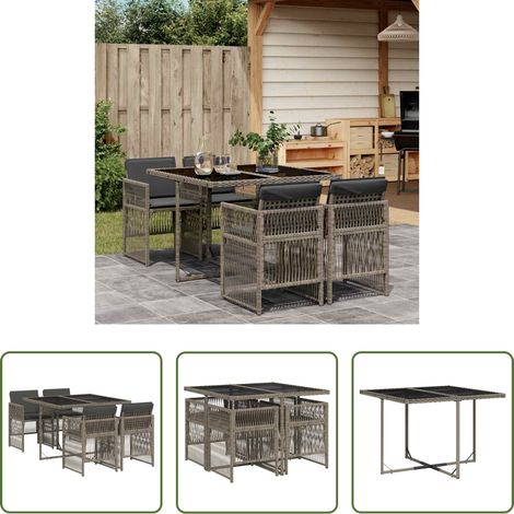 vidaXL Gartenstuhl - 5-tlg. Garten-Essgruppe mit Kissen Grau Poly Rattan (1/5)