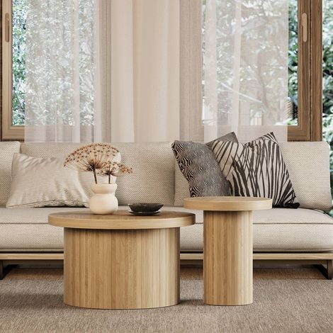 Table basse ronde double 80x40 cm bois naturel, multifonction salon, design moderne (1/5)