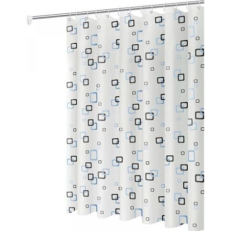 Rideau de douche anti-moisissures, 200 x 180 cm, avec anneaux de suspension, antibactérien, sans lavage, convient aux salles de bains, fond blanc à carreaux bleus.