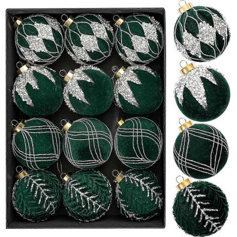 Lot de 12 boules de Noël vertes décoratives - Décoration de sapin de Noël - Boules de Noël colorées à motifs de 80 mm - Idéales pour Noël et les fêtes (1/5)