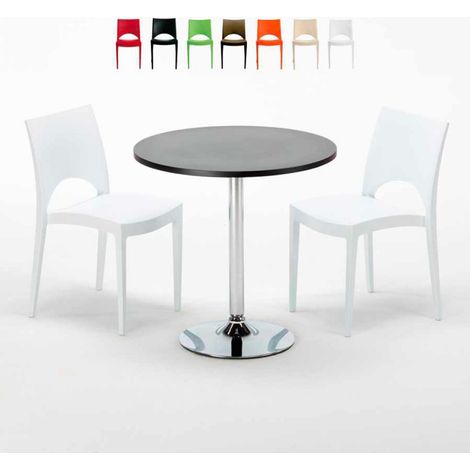 Table Ronde Noire 70x70cm Avec 2 Chaises Colorées Grand Soleil Set Intérieur Bar Café Paris Cosmopolitan - Blanc (1/5)