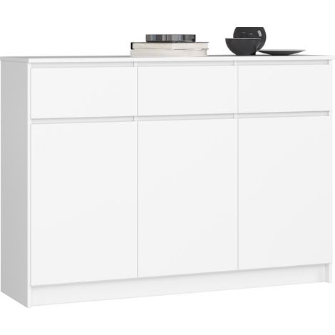 Akord – Commode blanche 138 cm – 3 portes – 3 tiroirs – 6 étagères – Panneau stratifié – Dimensions 138x40x99 cm (1/5)