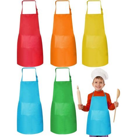 5 Pcs Kid's Apron with Pocket Children's Apron Painting Kitchen Adjustable Kids Chef Apron Colorful Apron Small Kitchen Apron for Boys and Girls (5 Colors) (1/5)