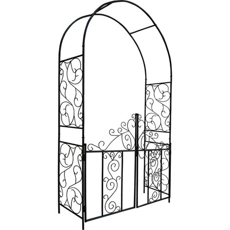 Arche de jardin élégante pour plantes grimpantes 230 x 130 x 38 cm avec double porte fonctionnelle en fer noir