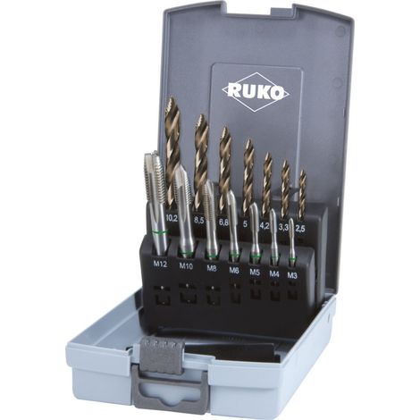 RUKO  Macho  de  máquina  HSSE-Co  5  +  Broca  espiral  ULTIMATECUT  DIN  338  Tipo  FLOWSTEP®  HSSE-Co  5  en  caja  de  plástico  -  259048ERO (1/2)