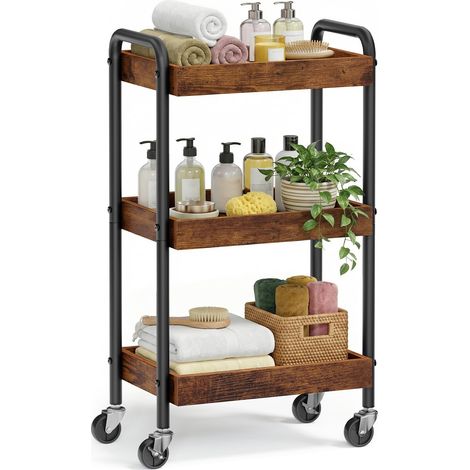 Chariot de Rangement à roulettes, Desserte, Étagère de Cuisine, avec Poignées, Montage Facile, pour Chambre, Salle de Bain, Cadre en Acier, 27,5 x 41,3 x 73 cm, Marron Rustique LRC081KD01 (1/5)