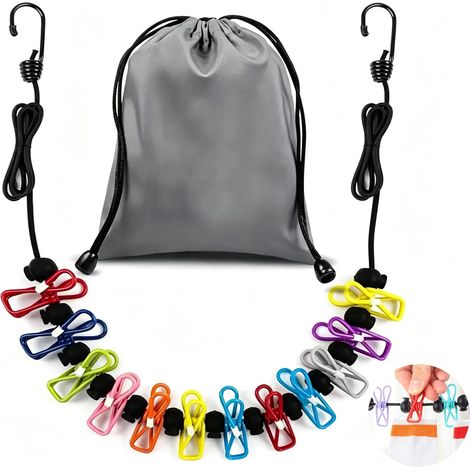 Corde à Linge Rétractable Portable 3.6m avec 12 Pinces Antidérapantes Couleurs + Pochette Velours Corde à Linge Extensible pour Camping Balcon Voyage, Sans Perçage Légère Polyvalente (1/5)