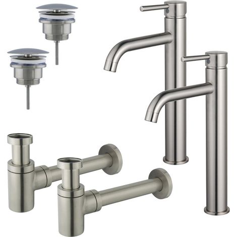FugaFlow Eccelente Sobrado Kit robinet lavabo - pour double vasque - robinet rehaussé - bonde non-obturable - siphon design bas - Inox brossé PVD (1/4)