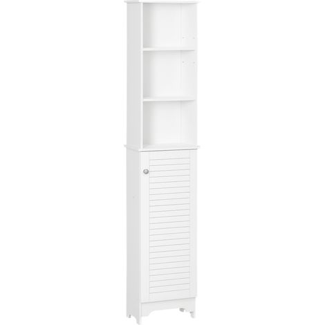 Armoire de rangement haute blanche pour salle de bain, colonne de rangement autoportante avec étagère ouverte réglable à 3 niveaux pour une organisation optimale de la salle de bain. (1/5)
