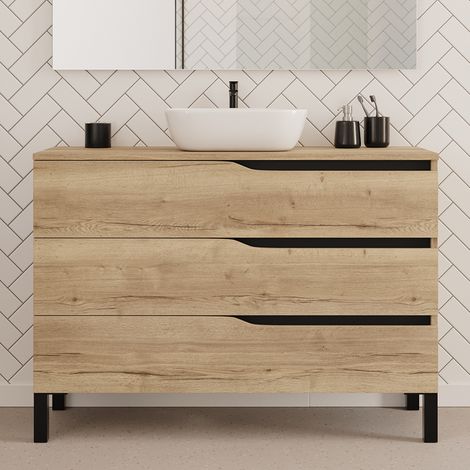 Meuble de salle de bain 120cm avec plateau et vasque à poser zeus - 3 tiroirs - sans miroir - madera miel (chêne clair) - MATA (1/4)