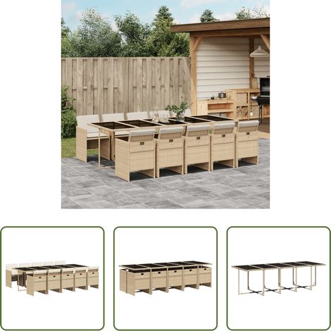 vidaXL Gartentisch -  11-tlg. Garten-Essgruppe mit Kissen Beige Poly Rattan (1/5)