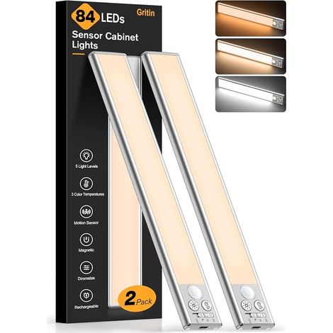 Lampe de Placard LED, Super Lumineuses Cuisine Reglette Rechargeable 26CM, 3 Couleurs&5 Luminosités, 4 Modes, Détecteur de Mouvement, Installation Facile Lampe d'Armoire Magnétique Forte-2 Pack (1/5)