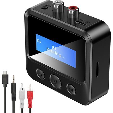 Émetteur/récepteur audio Bluetooth avec écran LCD, adaptateur stéréo sans fil pour voiture, TV, ordinateur et haut-parleurs, compatible AUX, RCA, 3,5 mm et carte TF. (1/5)