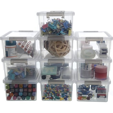 Set of 10 Small Storage Boxes with Lid Crate Storage Box Transparent Stackable Plastic Mini Storage Box (1/5)