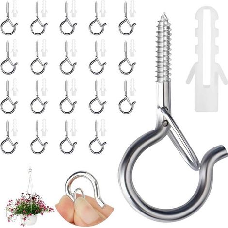 Packung mit 20 Edelstahl-Schraubhaken mit Sicherung, geeignet für Pflanzenampeln und Windspiele