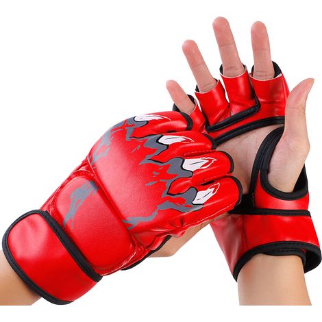 Gants de boxe demi-doigts, gants de frappe paumes ouvertes, gants de combat, de kickboxing et de sparring pour hommes et femmes, entraînement de boxe, rouges (1/5)
