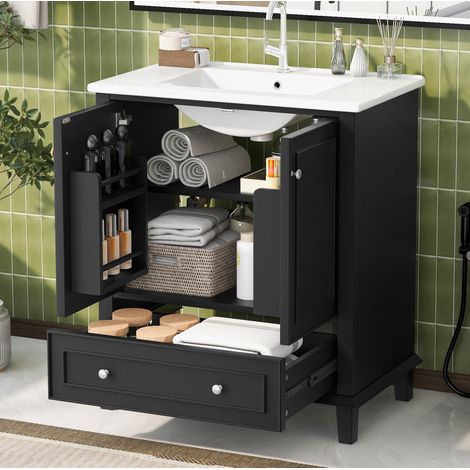 Waschtischunterschrank 76x46x87 cm aus MDF und Keramik, schwarz, mit Stauraum – MEUBLIV (1/5)