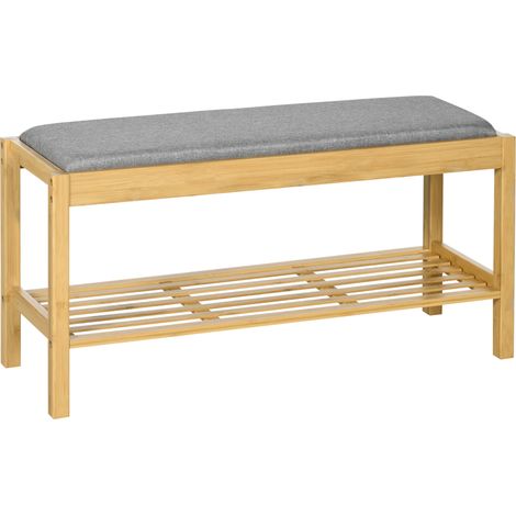 HOMCOM banco zapatero de bambú zapatero con asiento tapizado para 3 pares de zapatos con estante de listones para entrada pasillo 90x30x46 cm natural (1/5)