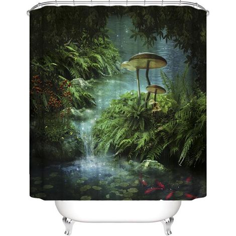 Rideau de douche Forêt de contes de fées 180x180cm, motif champignons magiques et feuilles d'herbe verte, rideau de douche Rivière Zen 3-en-1, décoration pour salle de bain enfant, polyester imperméab (1/5)