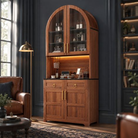 Credenza alta vetrata ad arco con LED via app, prese USB, 80 x 40 x 180 cm, noce REDOM (1/5)