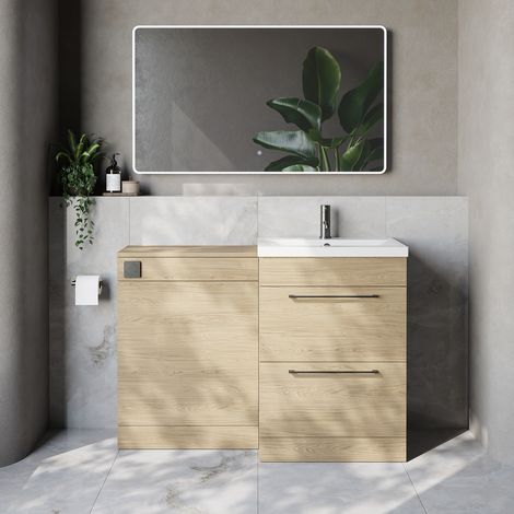 Napoli 390 Cento Light Oak 1200mm 2 Drawer Vanity Unit Toilet Suite with Glide Basin - 1200mm - Gunmetal Grey 320mm HandleWithout Kingston Toilet Pan