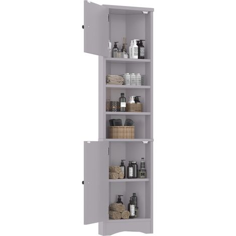 Meuble de salle de bain triangulaire 36.5x24.5x170 cm - 3 compartiments ouverts - 2 portes - étagères réglables - gris