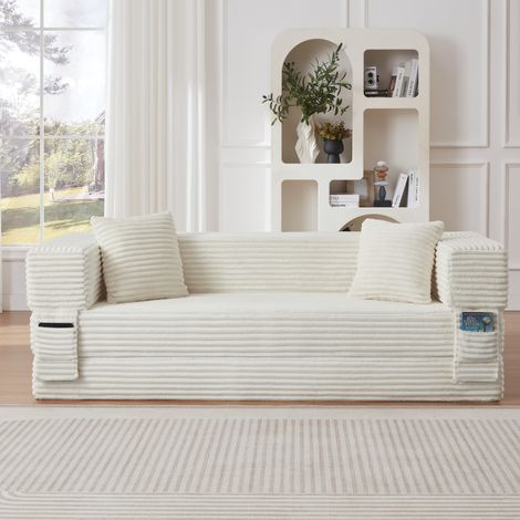 Sofá cama 200x152x42 cm de espuma y tela acanalada blanca para apartamento - MEUBLIV (1/5)